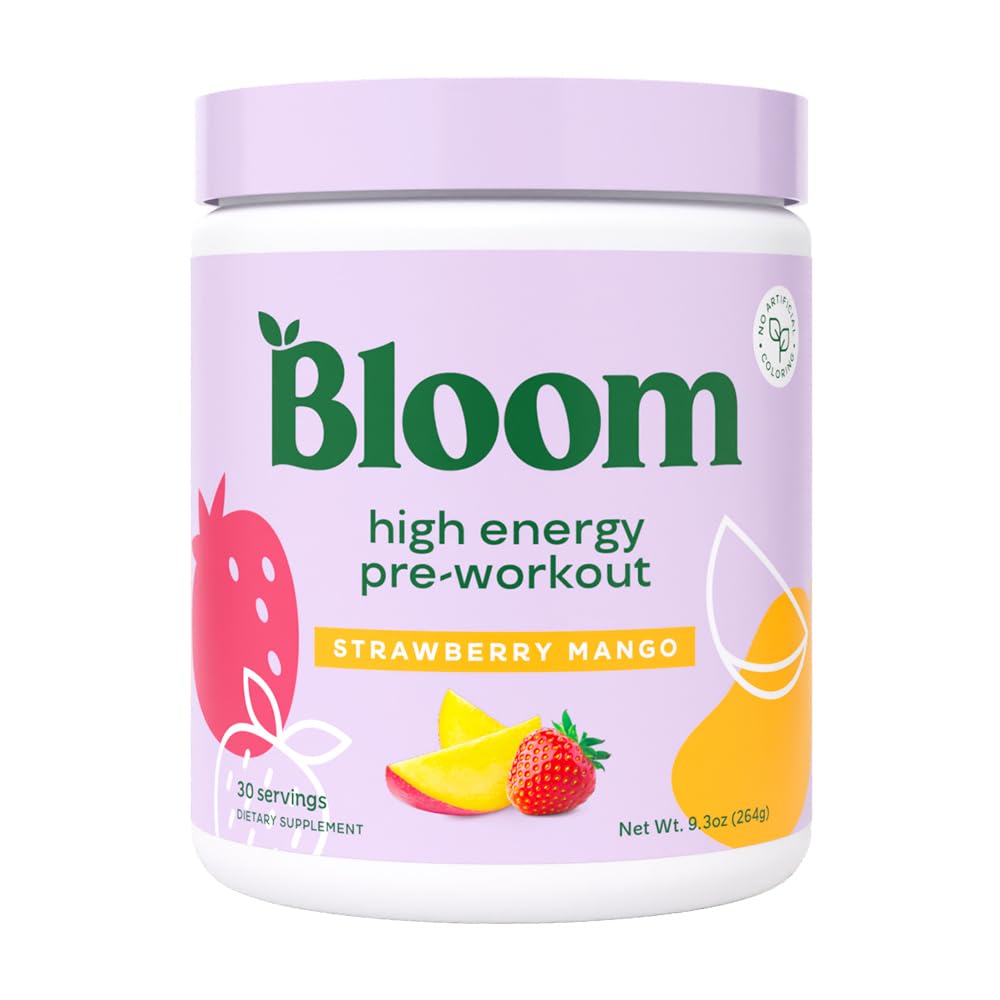 Bloom Nutrition High Energy Pre workout with Beta Alanine, Ginseng and L Tyrosine for Amino Energy, Natural Comfeine Powder from Green Tea Extract, Keto, Sugar Free Drink Mix, Mansikka Mango