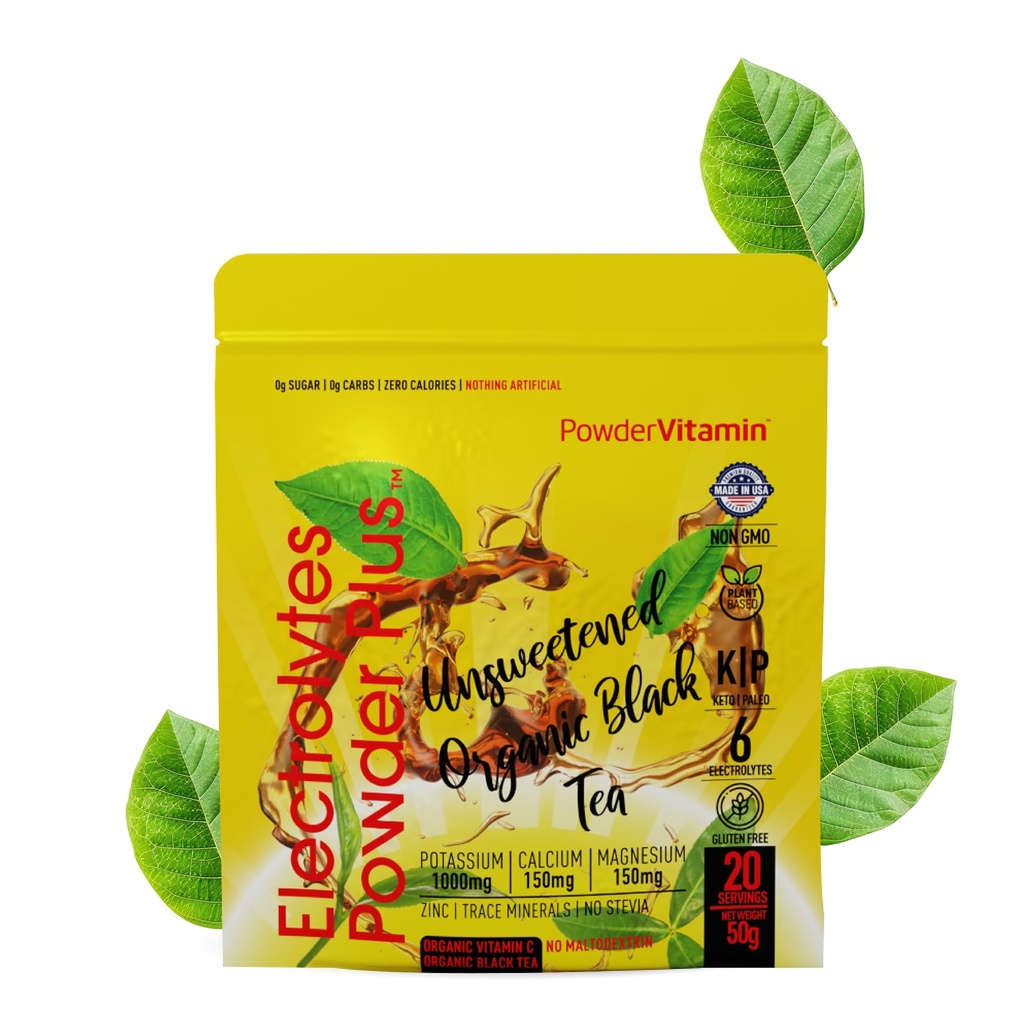 PowderVitamin Electrolytes Powder Plus (20 portioner) Osötad Black Tea Electrolyte Powder Keto, SugarFree, Rosa Himalayan Salt,1000mgPotassium,150mgCalcium,150mgMagnesium, Hydration Powder NO STEVIA