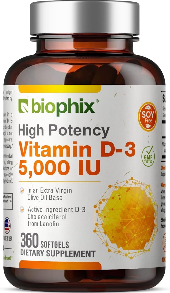 biophix-vitamiini D-3 5000 IU 360 Softgels - Korkea teho ekstra-neitsytoliiviöljyssä ei-GMO-vapaa tukee vahva luut Immuuniterveys