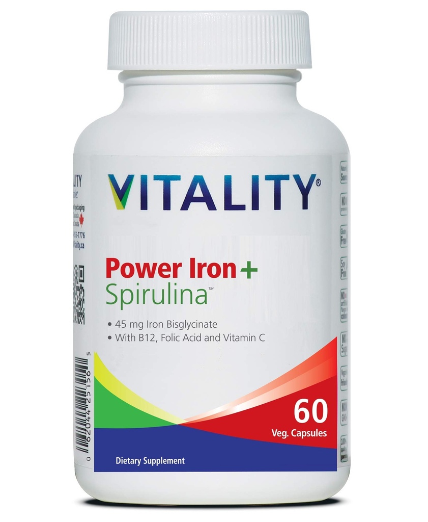 VITALITY Power Iron + Spirulina | 45mg Iron | Blodbyggare | Järnbrist Support | Vegan | All naturlig tillskott | Gentle på mage | Capsules... (60 greve av 1)