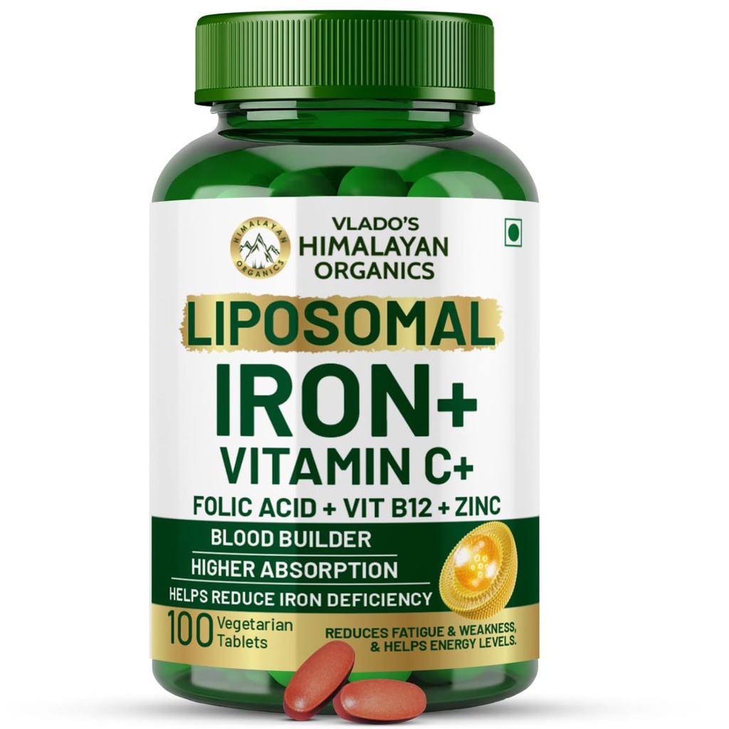 HIMALAYAN ORGANICS Organics Chelated Iron med vitamin C, B12, Zinc & Folic Acid | Boost Hemoglobin nivåer | Förbättrar koncentrationsnivå, Energy & Blood Building-120 Veg tabletter