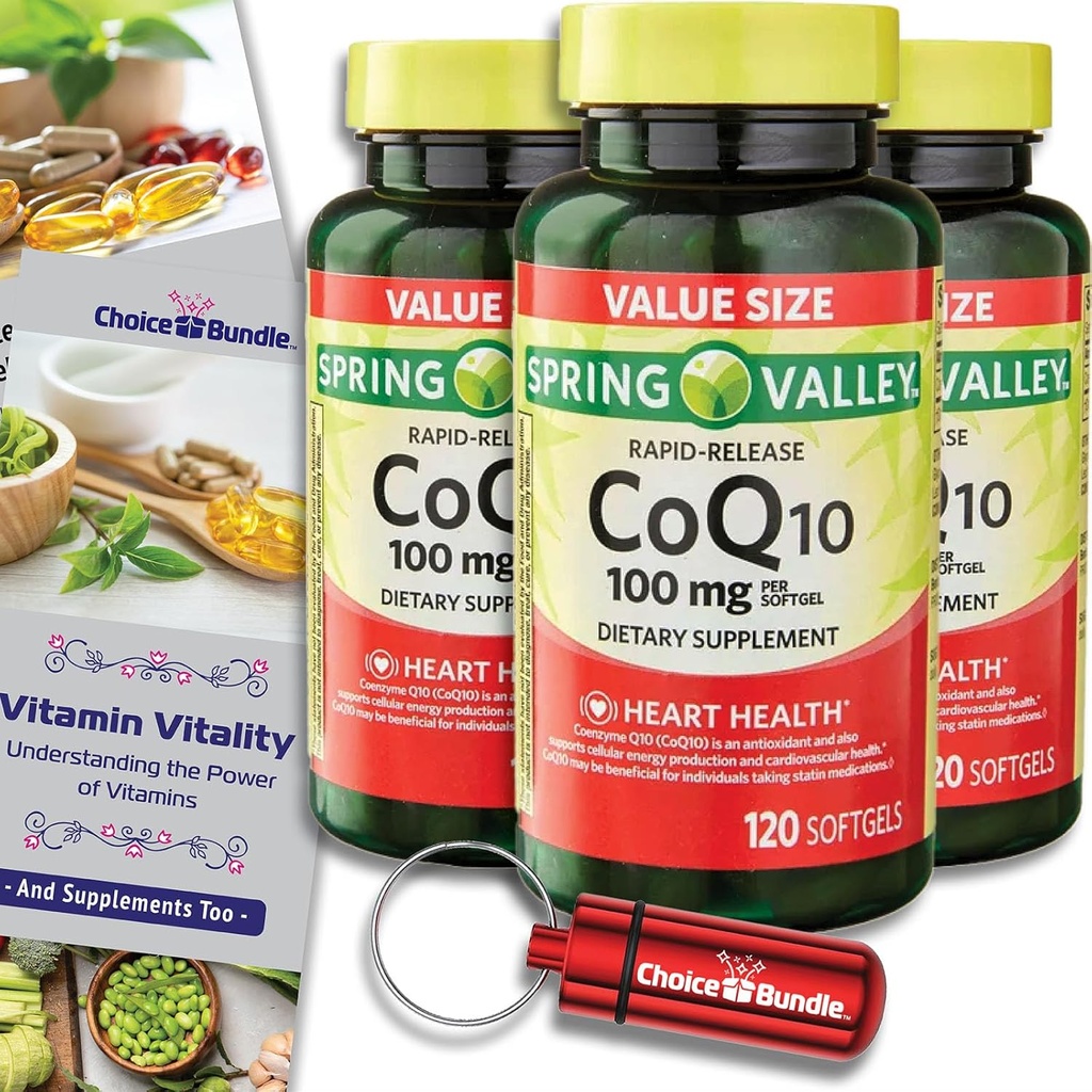 Val Bundle Spring Valley Rapid-Release CoQ10 Coenzyme Q10 100 mg Softgels 120 CT 3 pk (360 Total) + Vitamin Guide & Pill Container (5 objekt)!