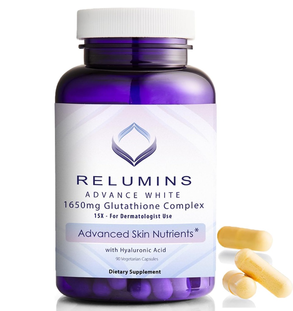 Relumins Glutathione Supplement - 1650mg Reduced Glutathione Complex med Alpha Lipoic Acid, Rose HIPS, Riboflavin, & Vitamin E, Made in USA - 90 Veggie Capsules x 1 Bottle - Proprietary Blend