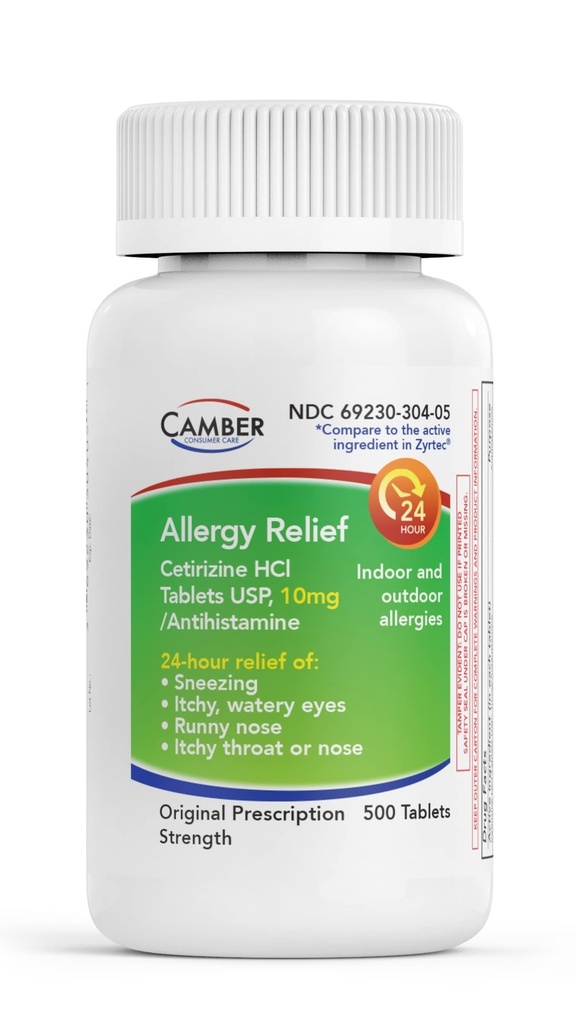 CAMBER FAMEEUTICALS, INC Setiritsiini HCI 10 mg tabletit, 24 tunnin allergiaapu, allergialääkkeet - 500