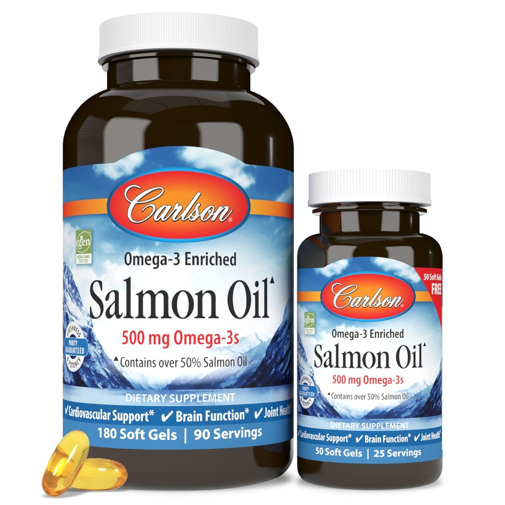Carlson - norsk laxolja, 500 mg Omega-3s, norsk laxolja, vildfångad omega 3 laxolja kapslar, hållbart källad, hjärna, hjärta och gemensam hälsa, 180 + 50 Softgels