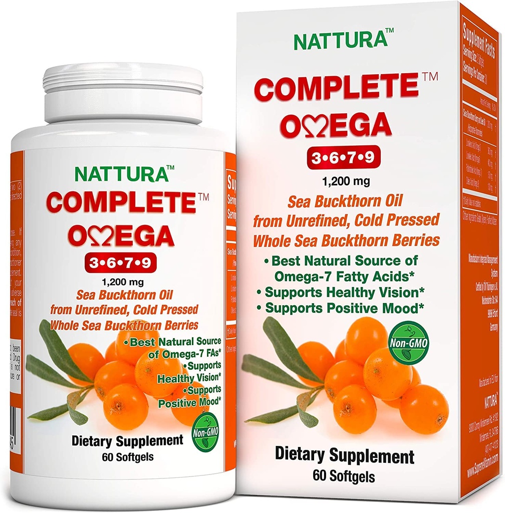 Nattura Complete Omega 3-6-7-9, Pure Sea Buckthorn Oil, European Quality, alkaen jalostamaton, Cold Pressed Whole Sea Buckthorn Wild Marries - Ei-GMO, Certified Kosher, Gluteeniton 1 pullo - 60 kapselia