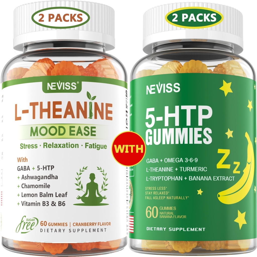 NEVISS Sokeri ilmaiseksi L-Theanine rauhallinen Gummies 120 kreivit + sokeriton 5-HTP Gummies 120 kreivit