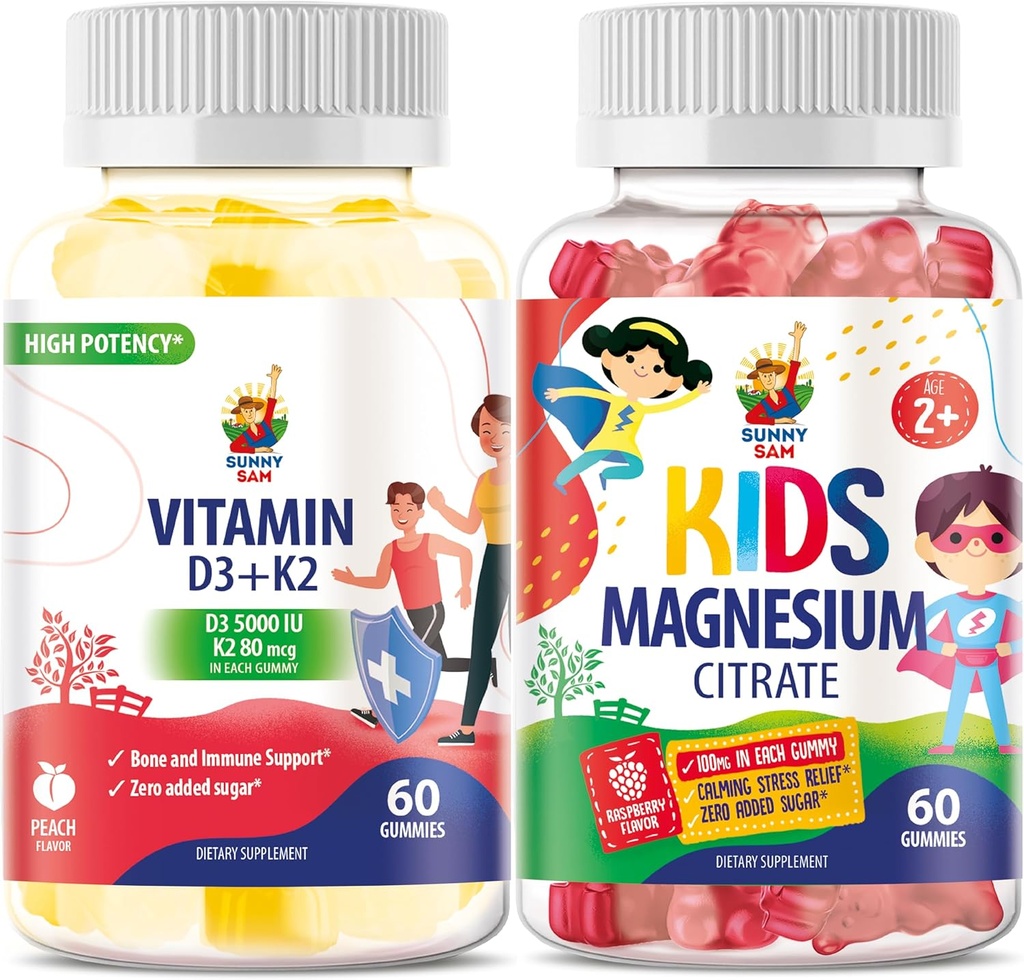 SUNNY Sam-vitamiini D3 K2 Gummies 5000 IU & Magnesium Gummies lapsille Citrate Chewable täydentää mielialan ja lihasten tuki
