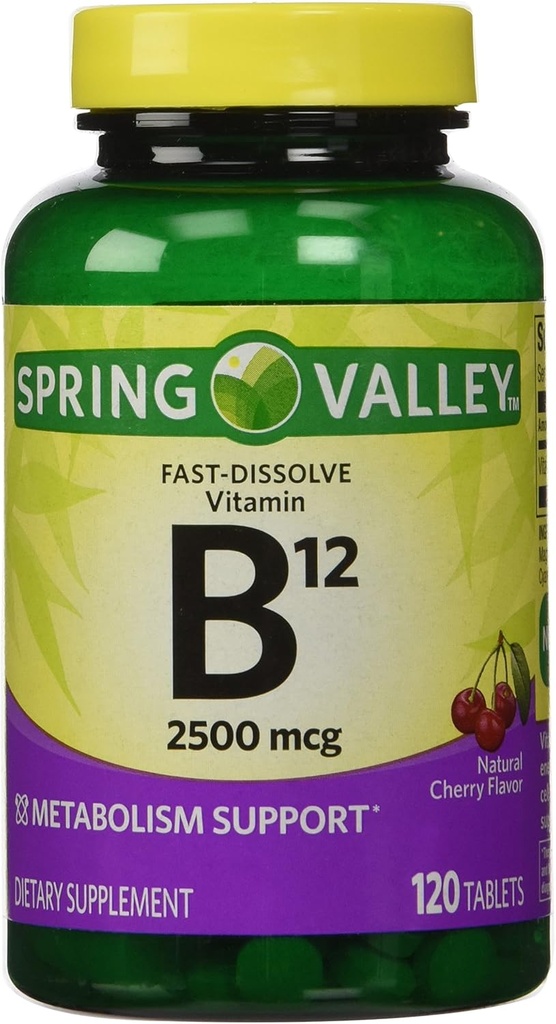 Endast 1 I PACK Spring Valley Fast-Dissolve Vitamin B12 2500 Mcg, Metabolism Support, 120 tabletter körsbär smak