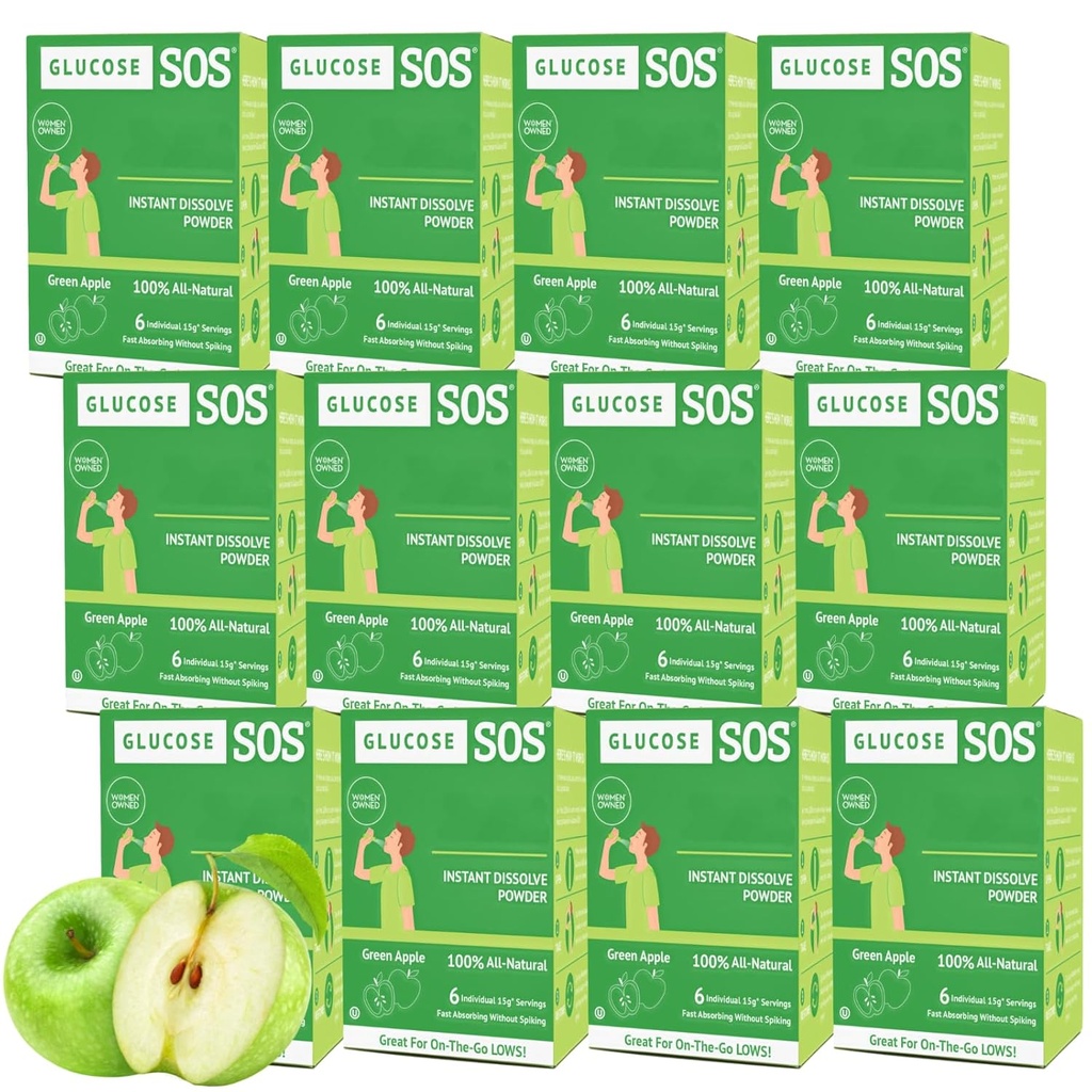 Glukoosi SOS Glukoosijauhepakkaukset, joissa on luonnollinen dekstroosi, nopea absorptio Että heti liukenee suuhun ilman vettä, Green Apple 72 tarjoilut