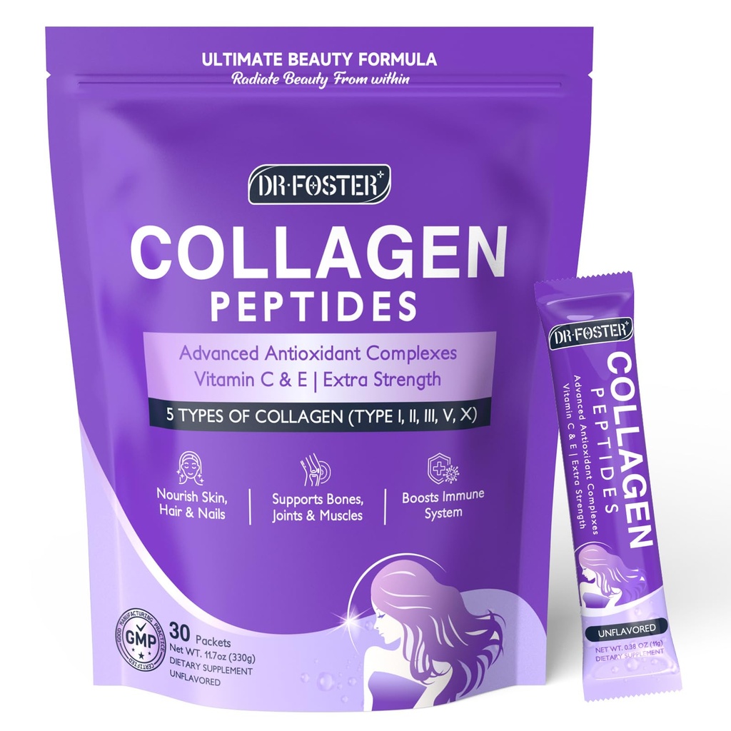 DRFOSTER Collagen-Peptides-Powder-Packet - Multi tyyppi II III V X Collagen naisille antioksidantti Blend + C-vitamiini ihon, hiusten, kynsien ja nivelten, ei-GMO, 30 Stick Packs