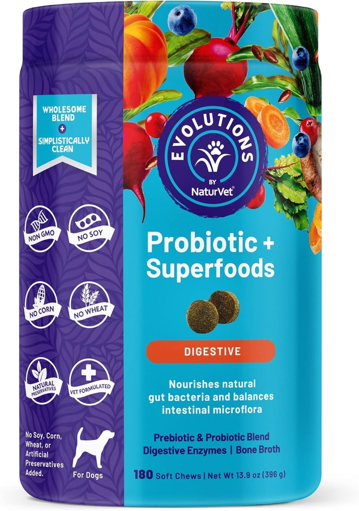 NaturVet Kehitys Probiootti & Superfoods 90ct Soft Chews koirille - Prebiootti & Probiootti Blend, Digestive Enzymes, Bone Broth, Omega's - Norrishes Natural Gut Bacteria ja Intestinal Microflora