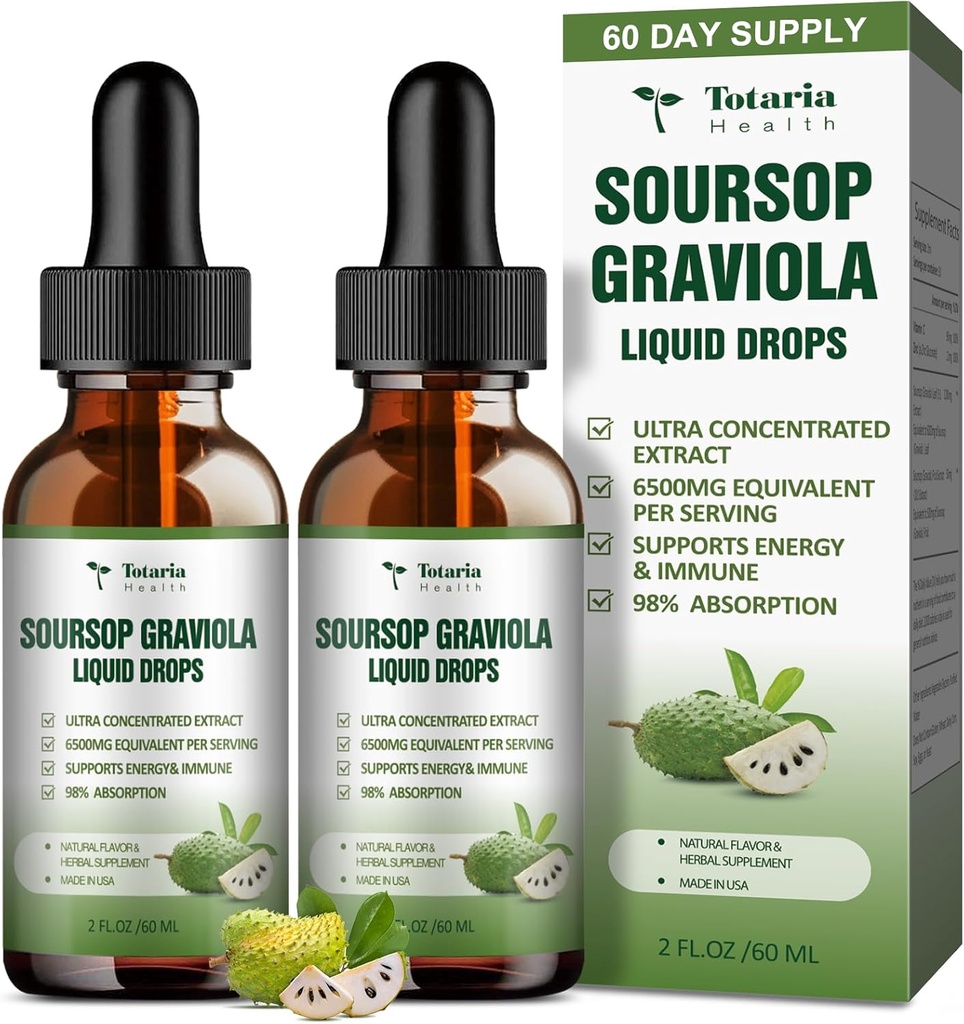 (2 Packs) Pure Soursop Graviola Liquid Drop Support Digestive Skin Health, Sleep & Antioxidant - Guanabana Oil Organic Leaf Exact Soursop Bitters Liquid Drops, Natural Flavor, Non-GMO, Vegan, 4 Oz