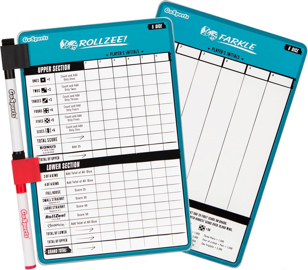 GoSports Dry Erase Rollzee ja Farkle tulostaulu - Jättikoko 2 kynää