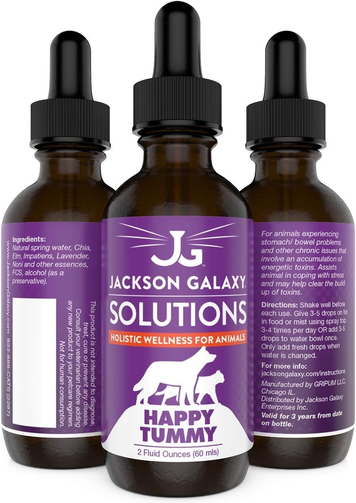 Jackson Galaxy: Happy Tummy (2 oz.) - Pet Solution -Hjälp med stress och utsläppsgifter - Kan hjälpa till med magproblem (IBD, förstoppning, etc.) - All-Natural Formel - Reiki Energy