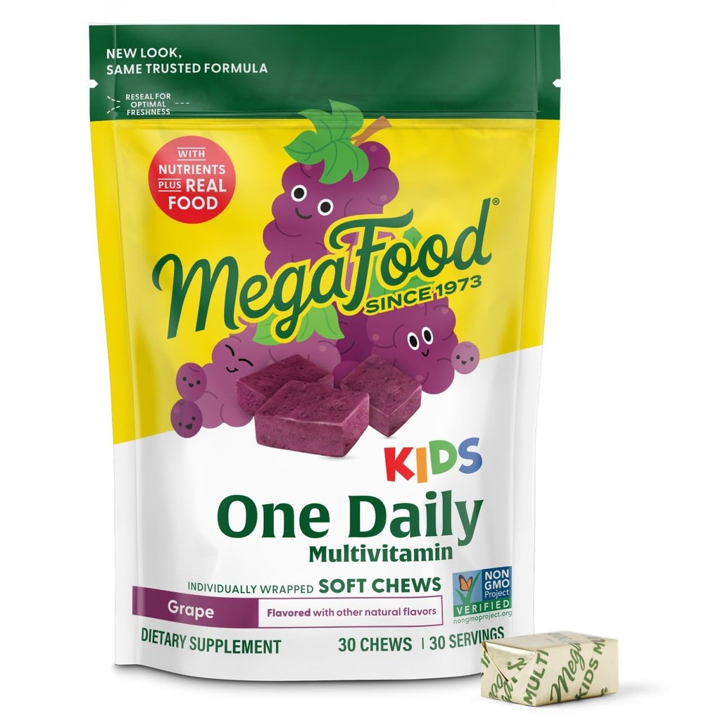 MegaFood Kids Yksi päivä monivitamiini pehmeä purukumia - lapset vitamiineja B-vitamiinia, C-vitamiinia, D-vitamiinia ja E-vitamiinia - ikä 4+, kasvissyöjä, valmistettu ilman 9 ruoka-allergeenit - Rypäleen maku - 30 Chews