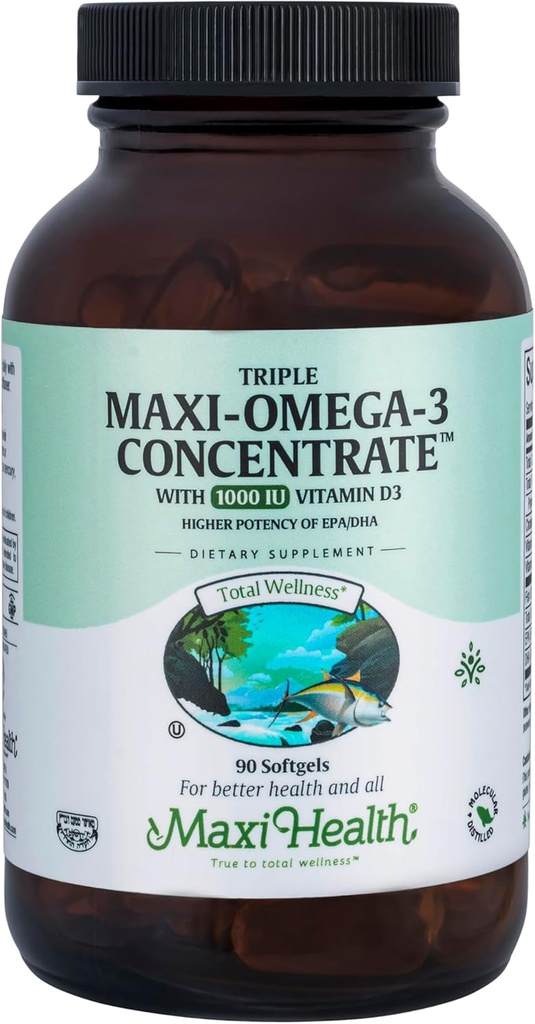 Maxi Health Triple Omega-3 konsentraatti - kalaöljy -"1000 IU" D3-90-vitamiinikapselit - Kosher