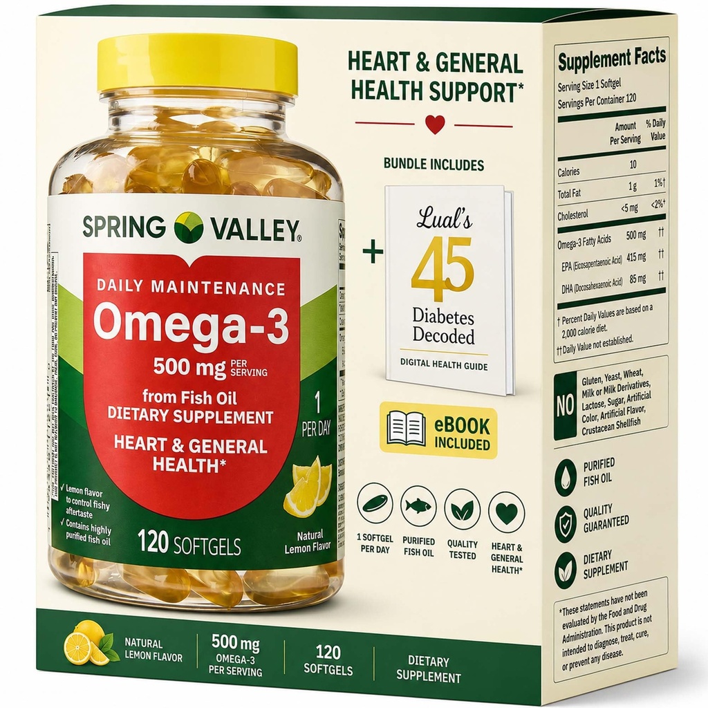Spring Valley Omega-3 alkaen Fish Oil 500 mg 120 Count, SoftGels, General & Heart Health Dietary Supplement Bundle Luall's 45 Diabetes Dekoodattu