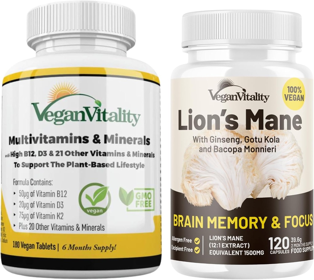 Vegan Vitality Lion's Mane x General Health Combo Bundle - 6 kuukautta Leijonan mane ja monivitamiinit