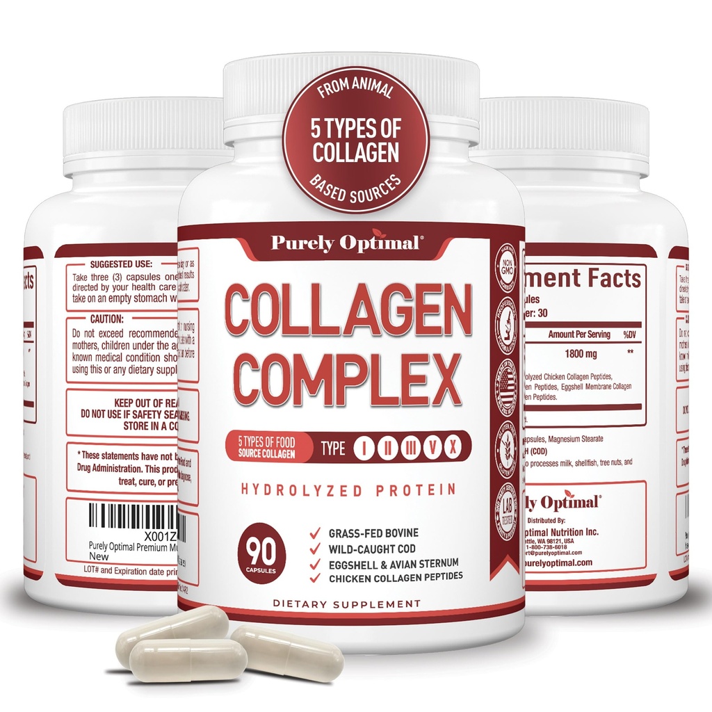 Puhtaasti Optimal Premium Multi Collagen Peptides -kapselit (tyypit I, II, III, V, X) - Hiukset, iho ja kynnet, digestiivinen ja yhteinen terveyslisä, hydrolysoidut kollageenilääkkeet (90 kapselia)