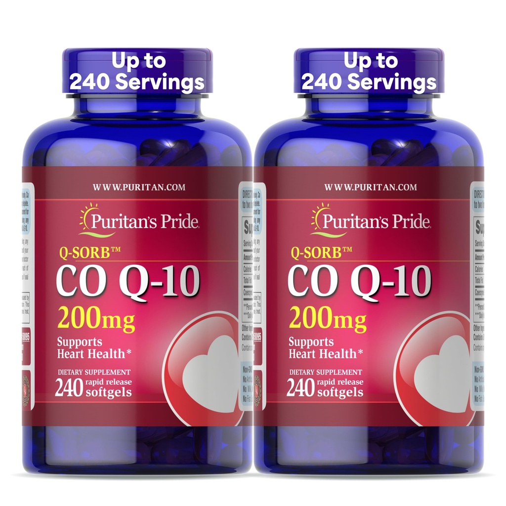 Puritans Pride Coenzyme CoQ10 200mg, Kosttillskott för hjärthälsa, blodtryck, Oral Gum Health och Healthy Aging Support, 240 Rapid Release Softgels, 2-Pack