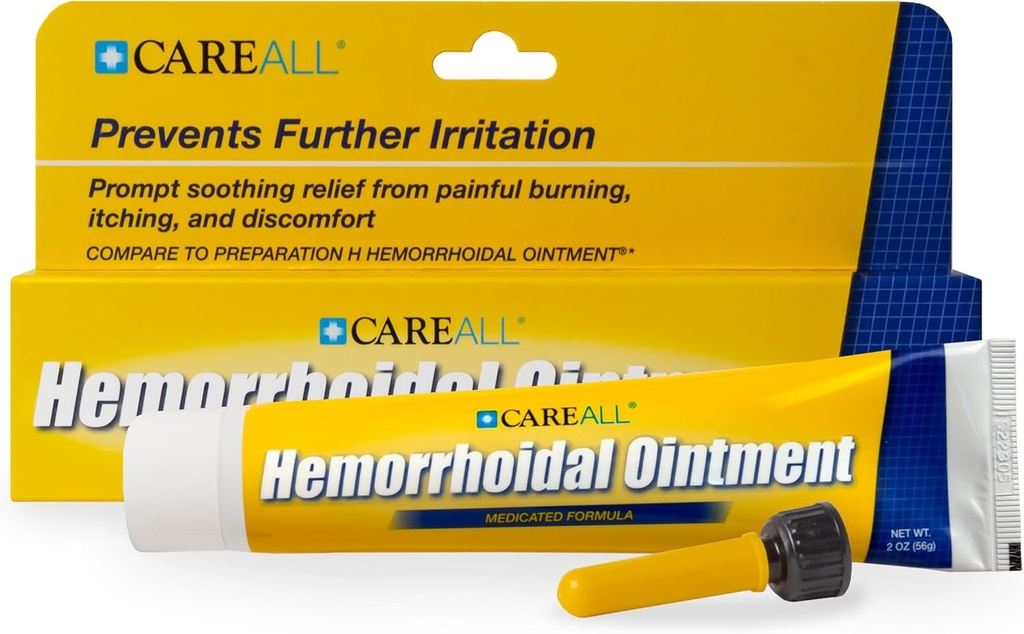 CareAll Hemorrhoidal Ointment 2.0 oz med Applikator. Hjälper till att lindra brinnande, kläckande och obehag associerat med inflammerade hemorrojder. Dye, Phthalate och Fragrance Free
