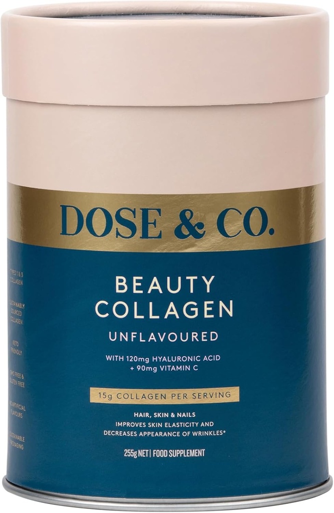 Dose & CO. Kauneus Collagen hyaluronihappo ja C-vitamiini hiukset, iho ja kynnet, makuamaton - 9oz Powder täydennysosa