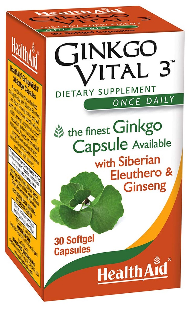 HealthAid Ginkgo Vital 3 - Once-Daily Softgel med Ginkgo Biloba, Siberian Eleuthero & Korean Ginseng | Stöder Mental Clarity & Circulation | 30 Softgels
