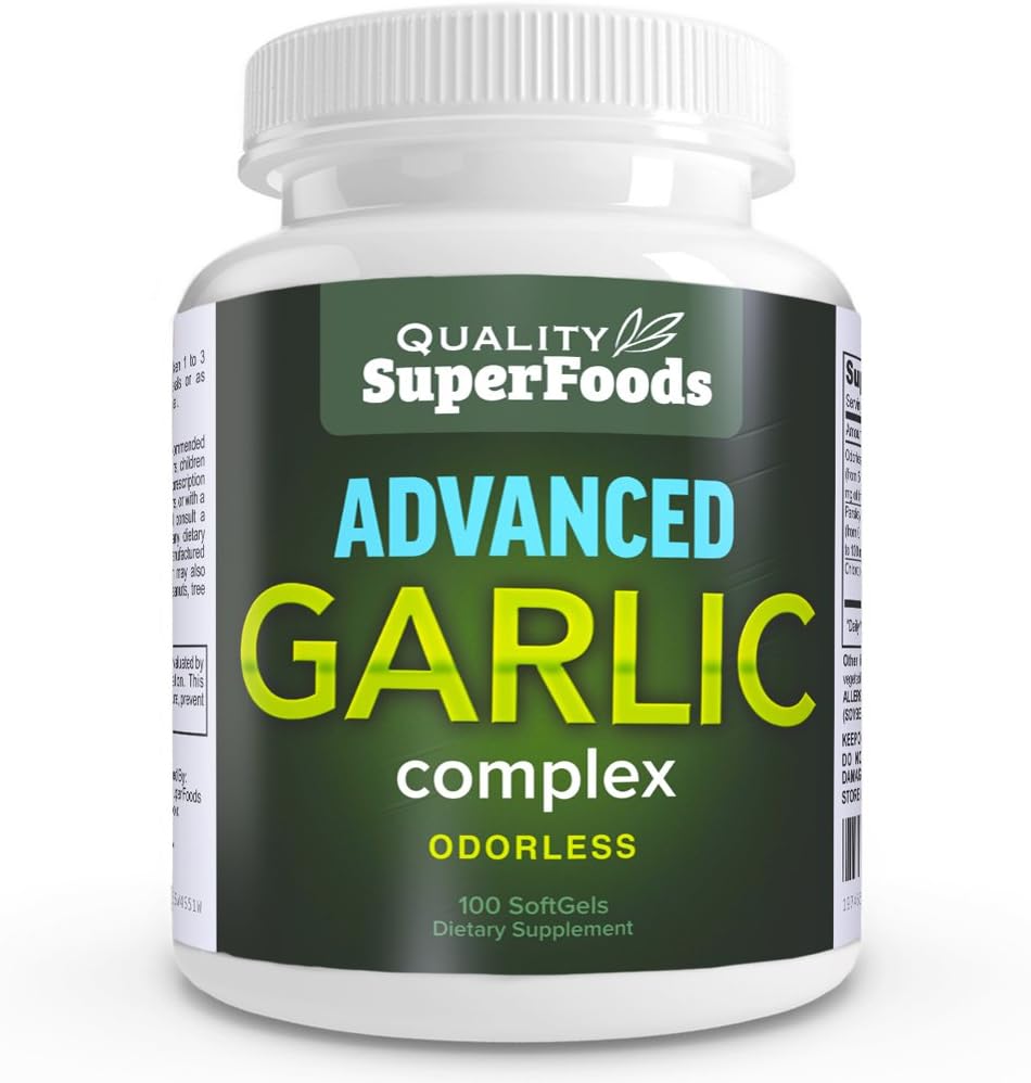 Advanced Valkosipuli Complex - Laatu SuperFoods (100ct) Maximum Strength Complex sisältää sekoitus Odorless Valkosipuli (Allium sativum), Persilja (petroselinum crispum), ja klorofylli.