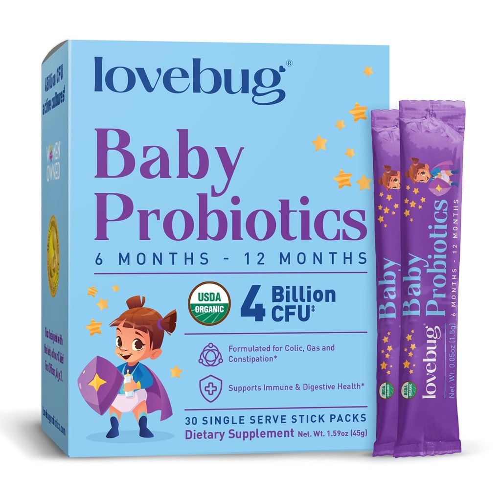 LOVEBUG Probiootit vauvoille - Organic Baby Probiootit 6-12 kuukautta vauvalle Immunosupport, Gas, Colic, ripuli ja imeväisten Ummetus Relief Sokeriton, Makuton jauhe, 30 pakkaus