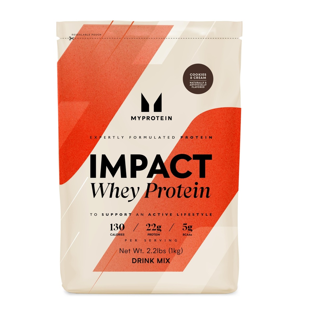 Myprotein Impact Whey Protein Powder, 2.2 Lbs (32 Servings) Cookies & Cream, 22g Protein & 5g BCAA Per Serving, Protein Shake for Superior Performance, Lihas Strength & Recovery, Gluteeniton