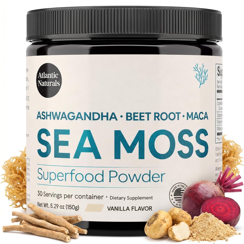 Atlantic Naturals Sea Moss Superfood Powder with Ashwagandha, Beet Root ja Maca Root - Sea Moss Powder tukee terve iho, urheilullinen suorituskyky, ja positiivinen mieliala - Vanilla Flavor (150g)