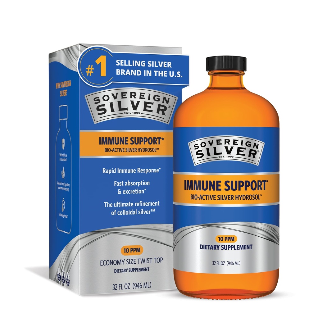 Sovereign Silver Immuunituki - Kolloidinen hopea, Bio-Active Silver Hydrosol, 10 ppm, Liquid Twist Top, 32 Fl Oz, (946 ml)