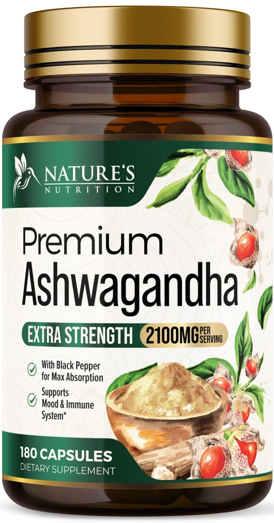 Ashwagandha lisäravinteet - 2100mg Ashwagandha kapseli naisille ja miehille, luonnollinen antioksidantti tuki, Ashwa juuriuute, extra vahvuus rauhoittava tuki mustapippuri, vegaaninen & gluteeniton - 180 kapselia