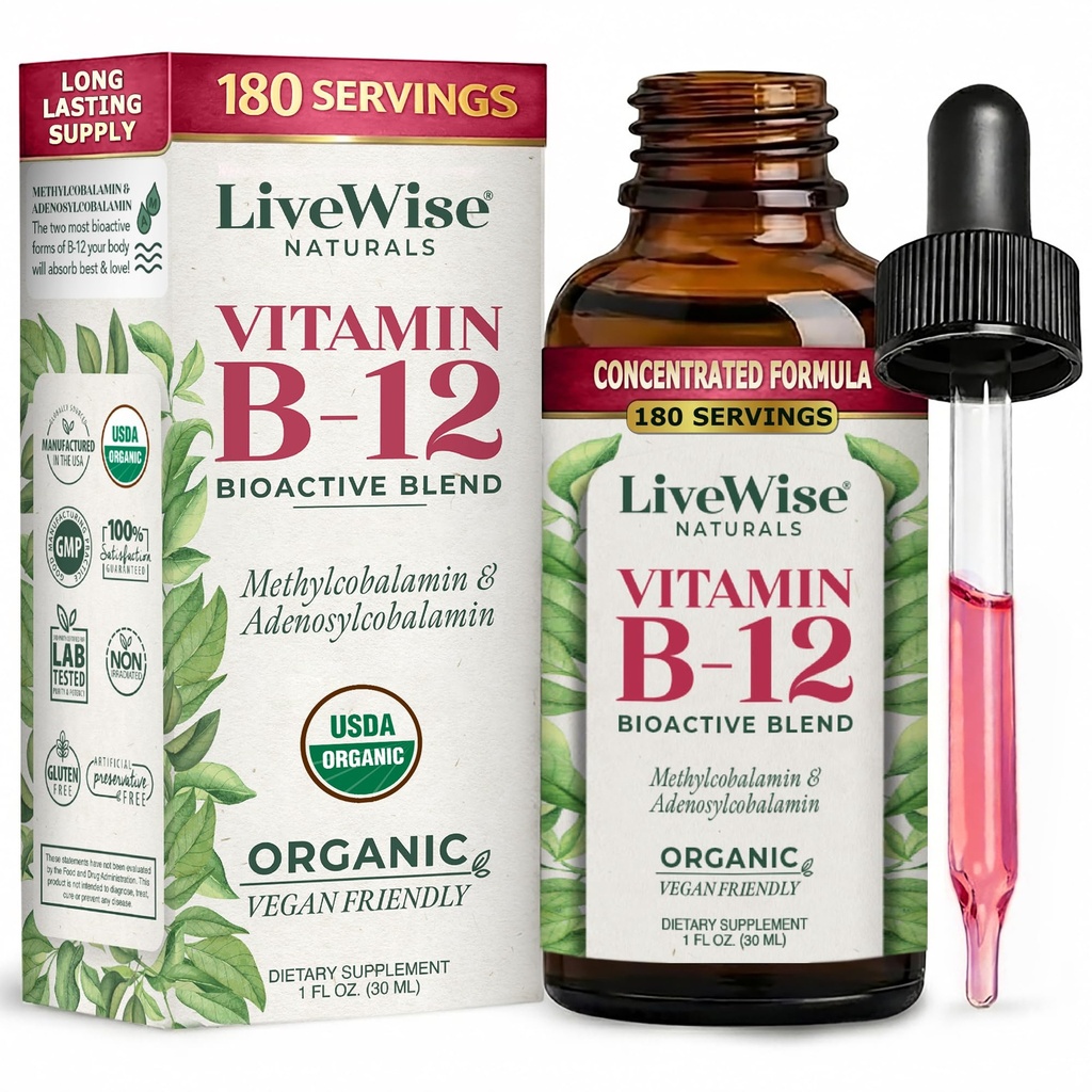 LiveWise Naturals B12 Vitamin Drops Non-GMO, Organic Bioactive Blend for Energy, Clarity, Focus och Easy Absorption, Adenosylcobalamin & Methylcobalamin Supplement, Vegan, Gluten-Free, Dairy-Free