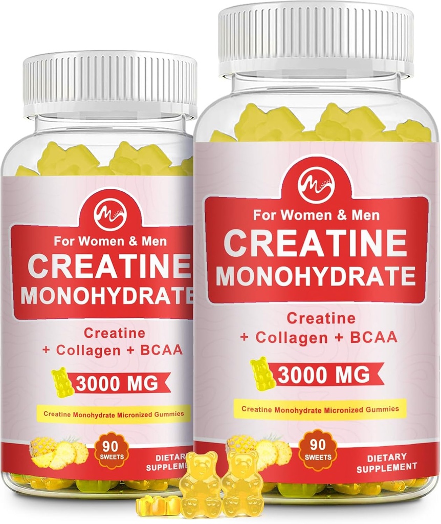 Kreatiini Gummy, 3 g Creatiini Monohydraattia per tarjoilu, sokeriton Creatiini Monohydraatti Gummy for Muscle kasvu ja vahvuus 0,5g Collagen, 0.2g BCAA, 60 tarjoilua, ananas Flavor, 2 pakkaus