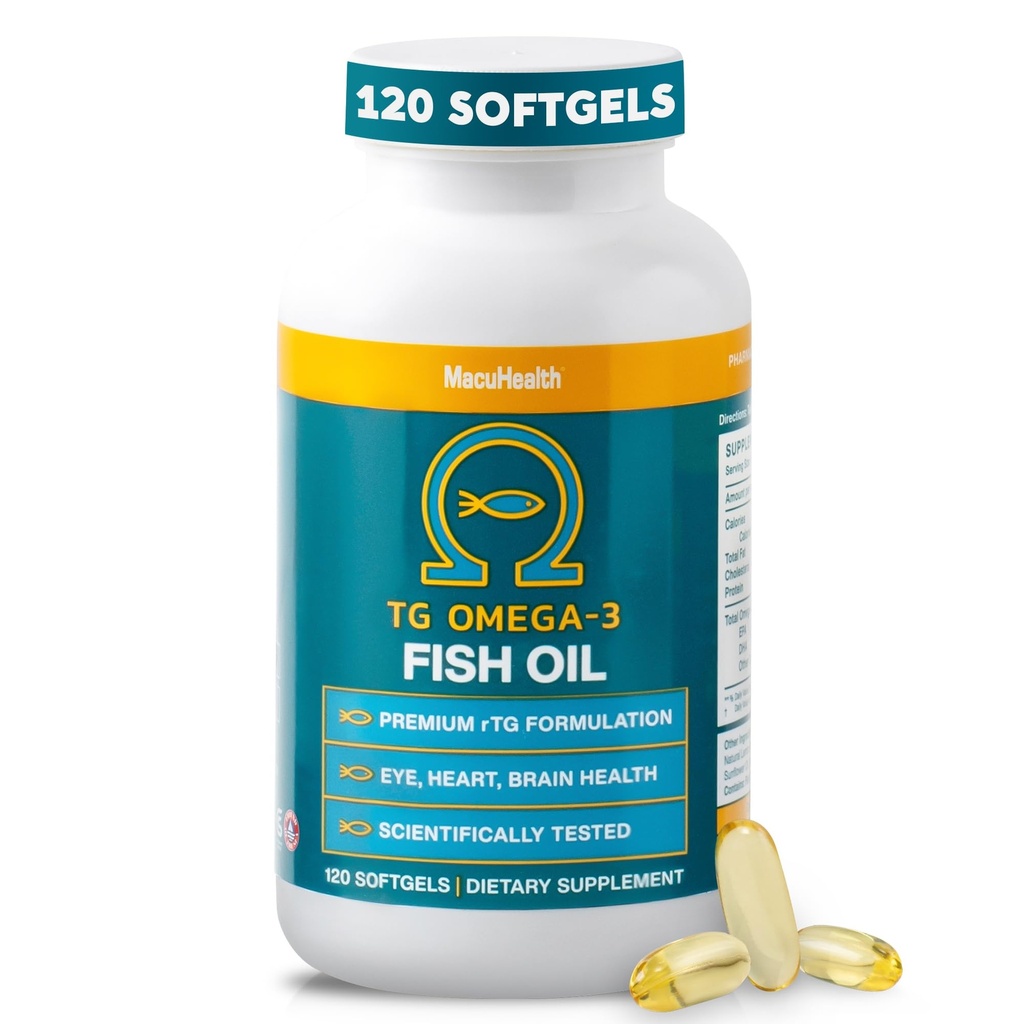 Macuhealth Omega 3 Fish Oil - 1100mg DHA, 1100mg EPA, Eye & Brain Health Supplement, Triglyseridi Formula, 120 Softgels