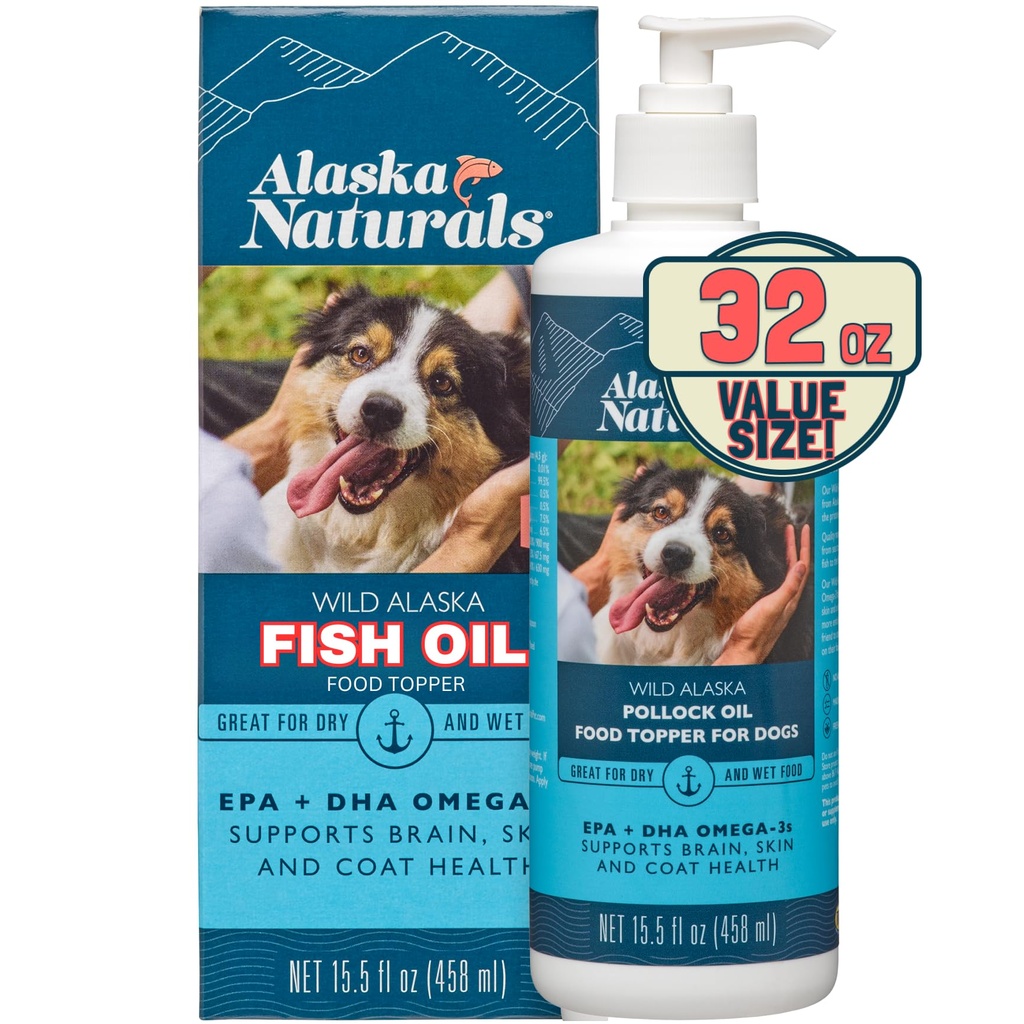 Alaska Naturals Wild Alaskan Fish Oil Supplement for Dogs Skin and Coat with EPA DHA Omega 3 Rasvahapot Sustainable Liquid Food Topper 32 oz. Pumppu