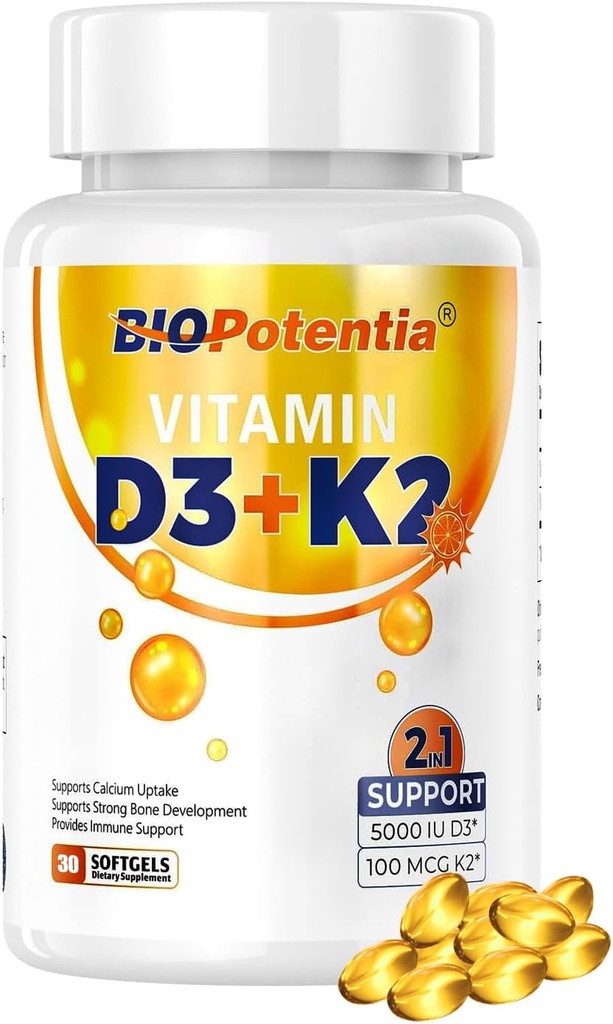 Vitamin D3 K2 med MCT Oil Supplement, Vitamin D3 5000 IU & K2 100MCG (MK7), stöder Immune, Bone & Teeth Health - Gluten Free Non-GMO - 30 Softgels