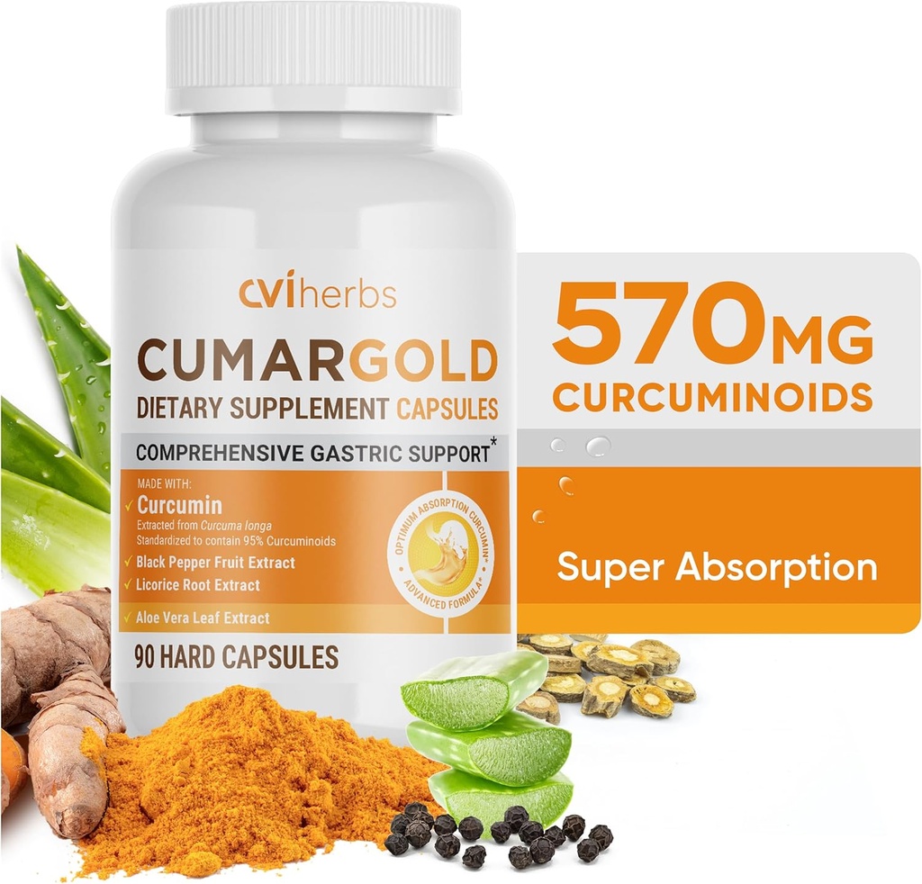 Cumargold 570mg Curcuminoids Turmeric Curcumin Supplement Piperine, Licorice Root & Aloe Vera - High Potency Natural Wellness Kapselit (90 Count)