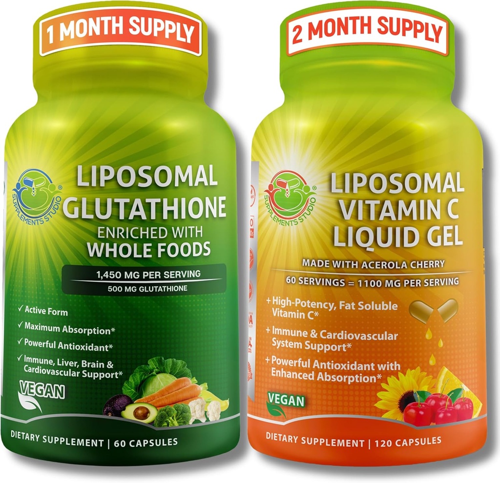 LISÄTIETOJA STUDIO Antioksidantti, solu- ja immuunituki Bundle ... Liposomal Glutatione 500 mg orgaanisilla kokonaisilla elintarvikkeilla + liposomaalinen C 1100 mg orgaanisella Acerola Cherry