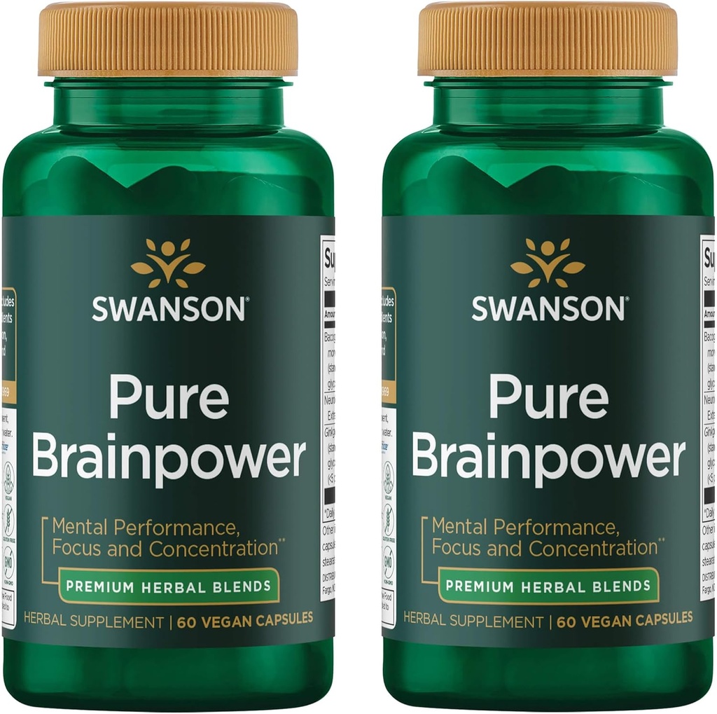 Swanson Pure Brainpower Brain Health Cognitive Memory Focus Support Brain-Derved Neurotrophic Factor (BDNF) Herbal Supplement (Ginkgo Biloba, Bacopa Monnieri) 60 Kasviskapselit (Vegin Caps) (2 pakkaus)