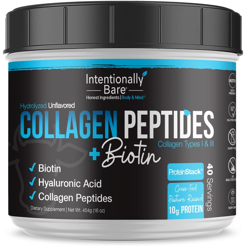 Tahallaan Bare Collagen Powder Unmariored - Collagen Peptides Powder with Biotin & Hyaluronic Acid - non-GMO & Grass Fed Collagen Protein Powder with 10g Protein - Keto Collagen Powder 40 Servings