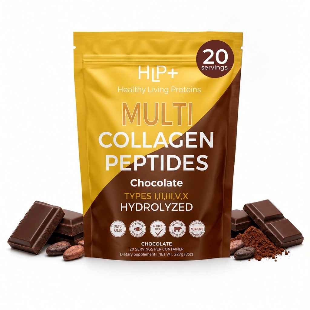 Terveet elävät proteiinit - Hydrolysoidut Multi Collagen Peptides Powder Tyypit I, II, III, V & X - Ruoho Naudasta, Wild Caught Marine, Free Range Chicken - Gluteeniton (suklaa, 8 oz)