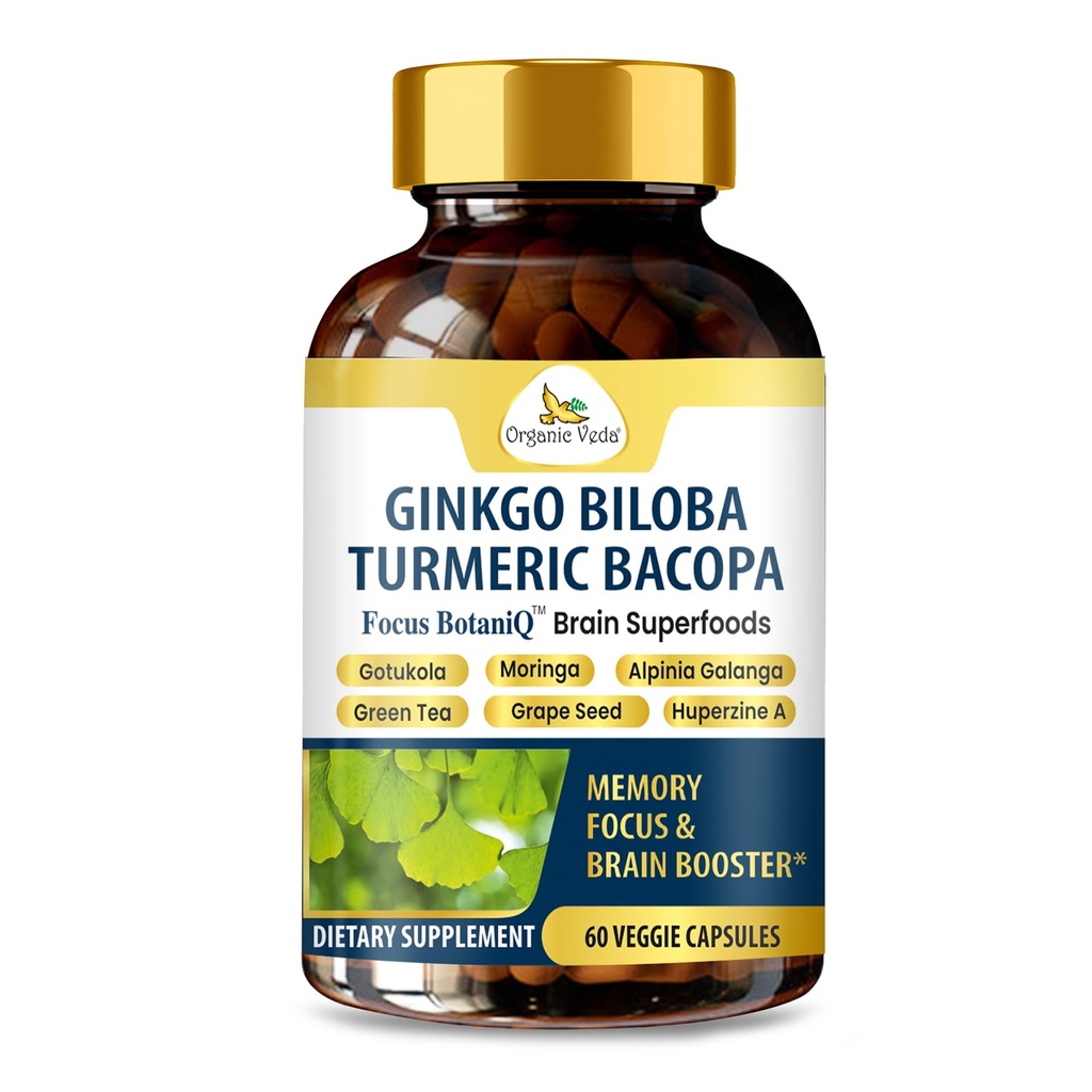Organic Veda Ginkgo Biloba Turmeric Bacopa Brain Supplement for Memory, Mood & Focus with Ashwagandha - Keskittyminen, energia & aivojen Booster, terveitä niveliä & Kiertotuki - 60 Vegaanikapseli