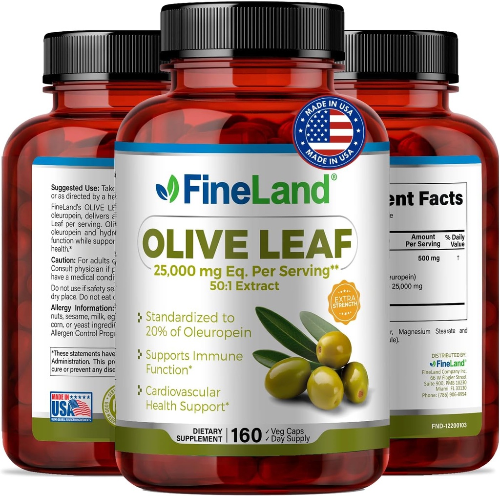 FineLand Olive Leaf Extract 50x - 25 000 mg Eq. per portion | 160 Vegan Caps, Olivextrakt med 20% Oleuropein | Herbal Antioxidant Supplement för cirkulations- och immunsupport, Made in USA