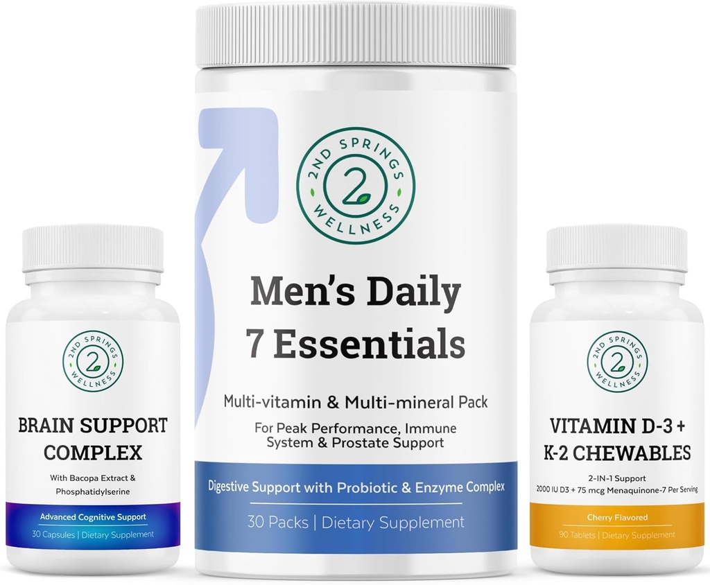 Miesten terveys Vitality Bundle: Aivojen tukikompleksi, miesten päivittäin 7 Essentials, ja D3-vitamiini + K2