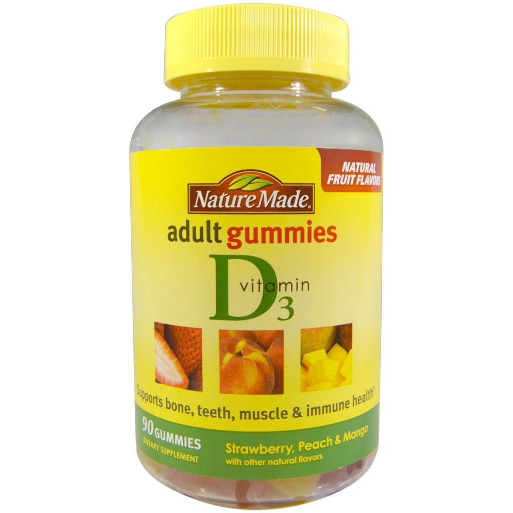 Luonto valmistettu D-vitamiini 3 aikuisten Gummies mansikka - persikka & mango, 90 gammia, 3