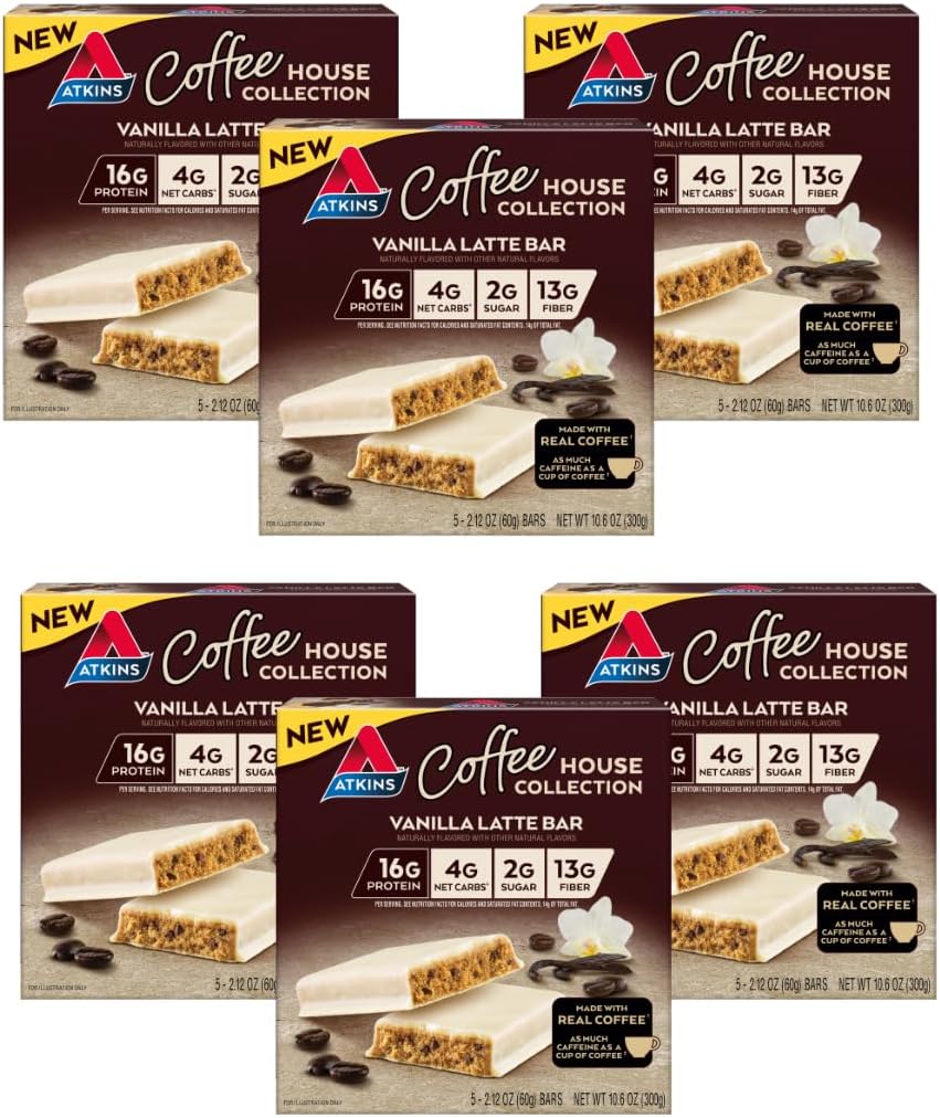 Restauranger i närheten av Atkins Coffee House Meal Bar, Vanilla Latte, 16g Protein, 4g Net Carbs, 2g Sugar, 13g Fiber, Made with Real Coffee, 5 Count (Pack of 6)