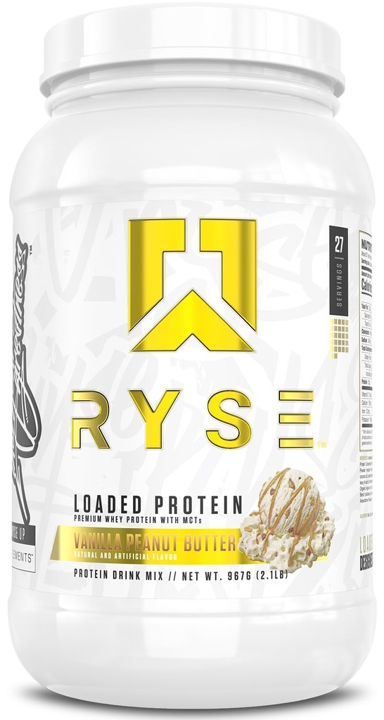 RYSE Ladattu proteiinijauhe - Vanilja maapähkinävoi - 25g Heraproteiini Isolaatti & keskittyä Prebioottikuitua & MCTs - Matala karb, alhainen sokeri, Ruoansulatus - 27 Tarjoukset / 2 lb Tub